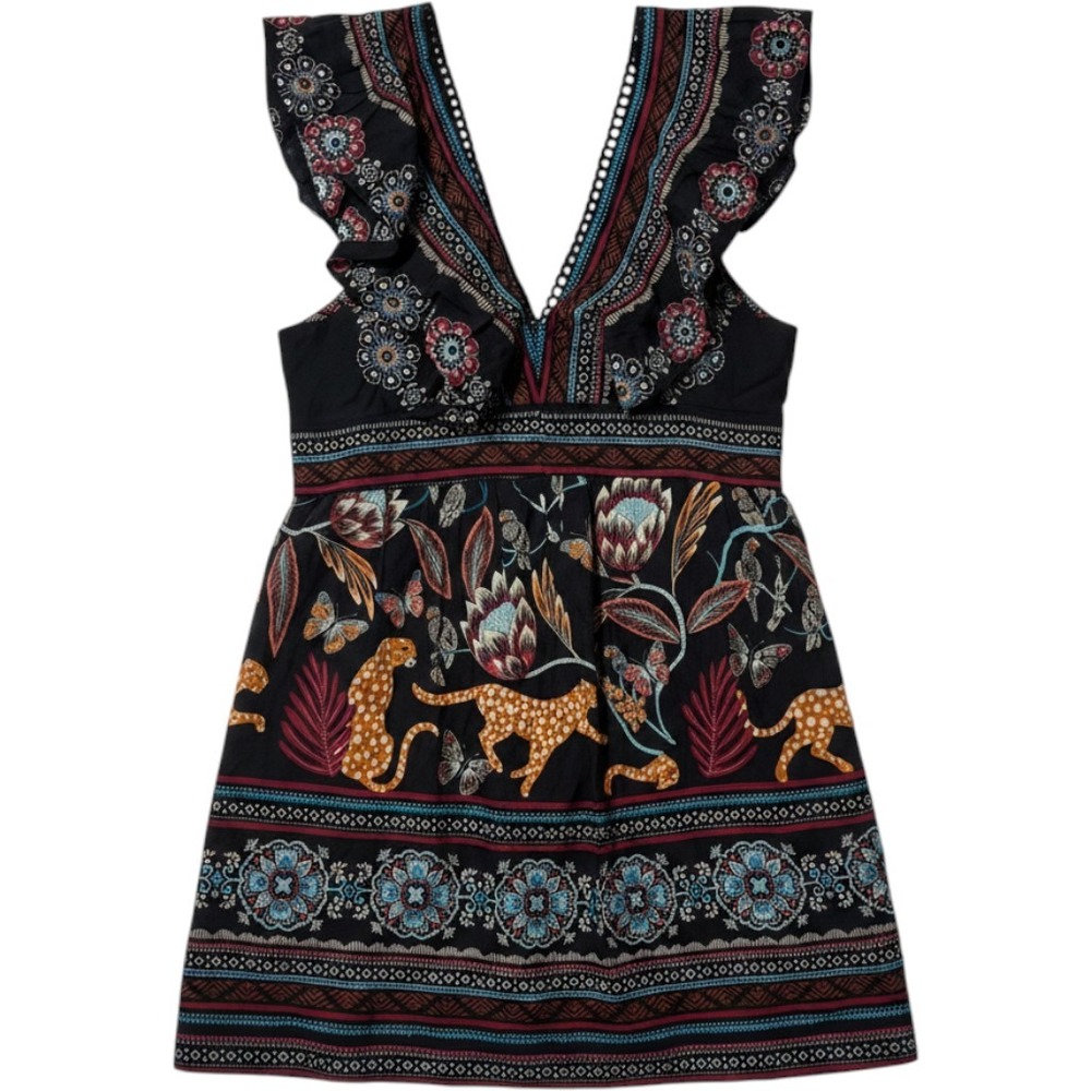 Anthropologie Farm Rio Jungle Leopard Ruffle V-Neck Mini Dress Black Multi S